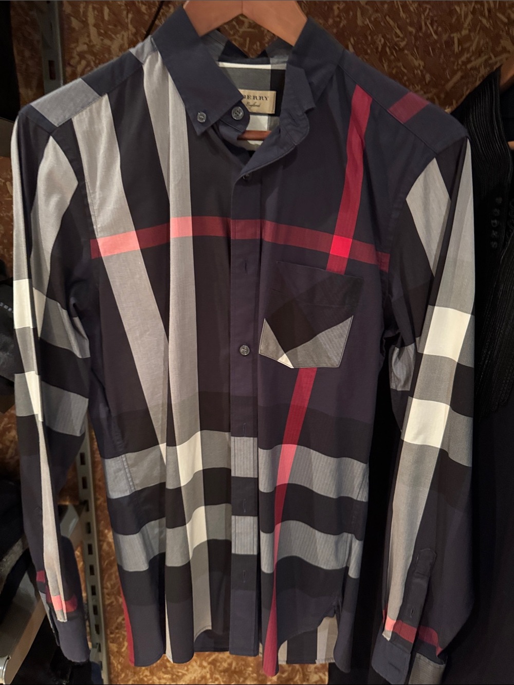 Burberry Men's Navy Plaid Dress Shirt with Red Accents